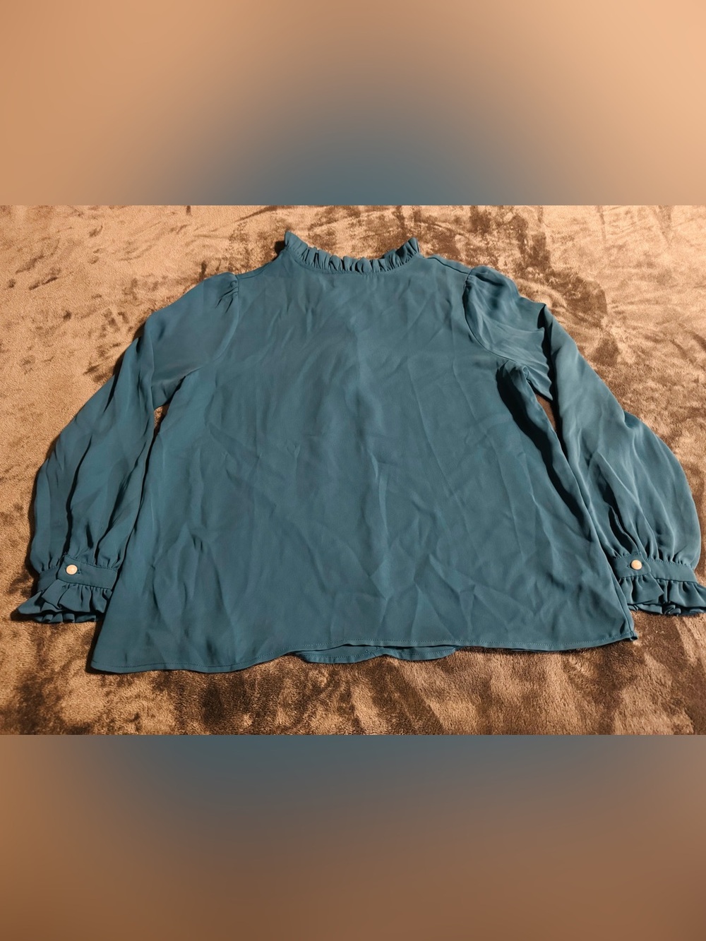 Zenana Outfitters Teal Ruffle Mock Neck Blouse Womens Large